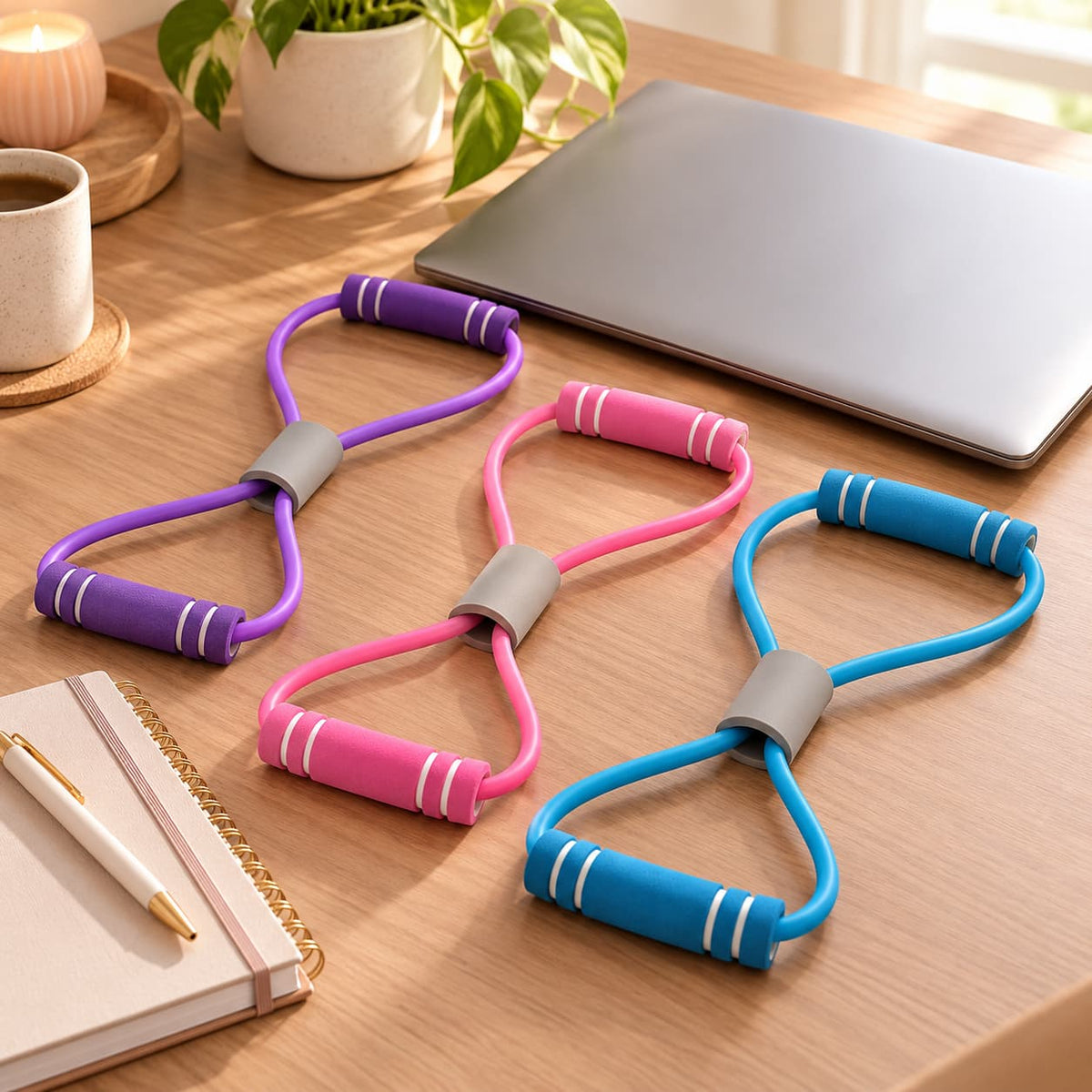 Bandes de résistance rose, bleue et violette sur un bureau