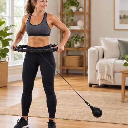 Femme avec cerceau fitness lesté dans son salon