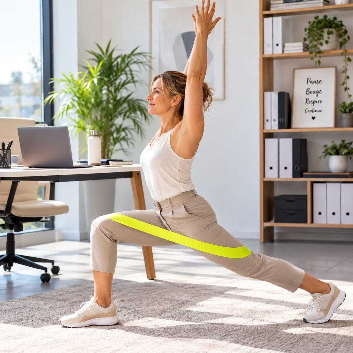 Femme utilisant un elastique fitness au bureau