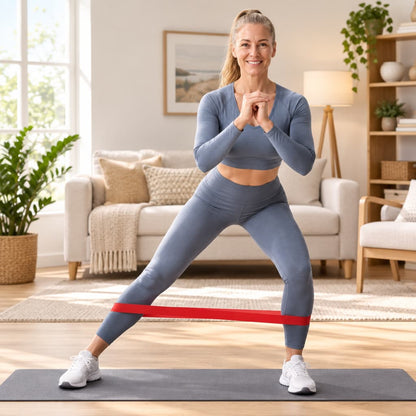 Femme travaillant les jambes avec un elastique fitness