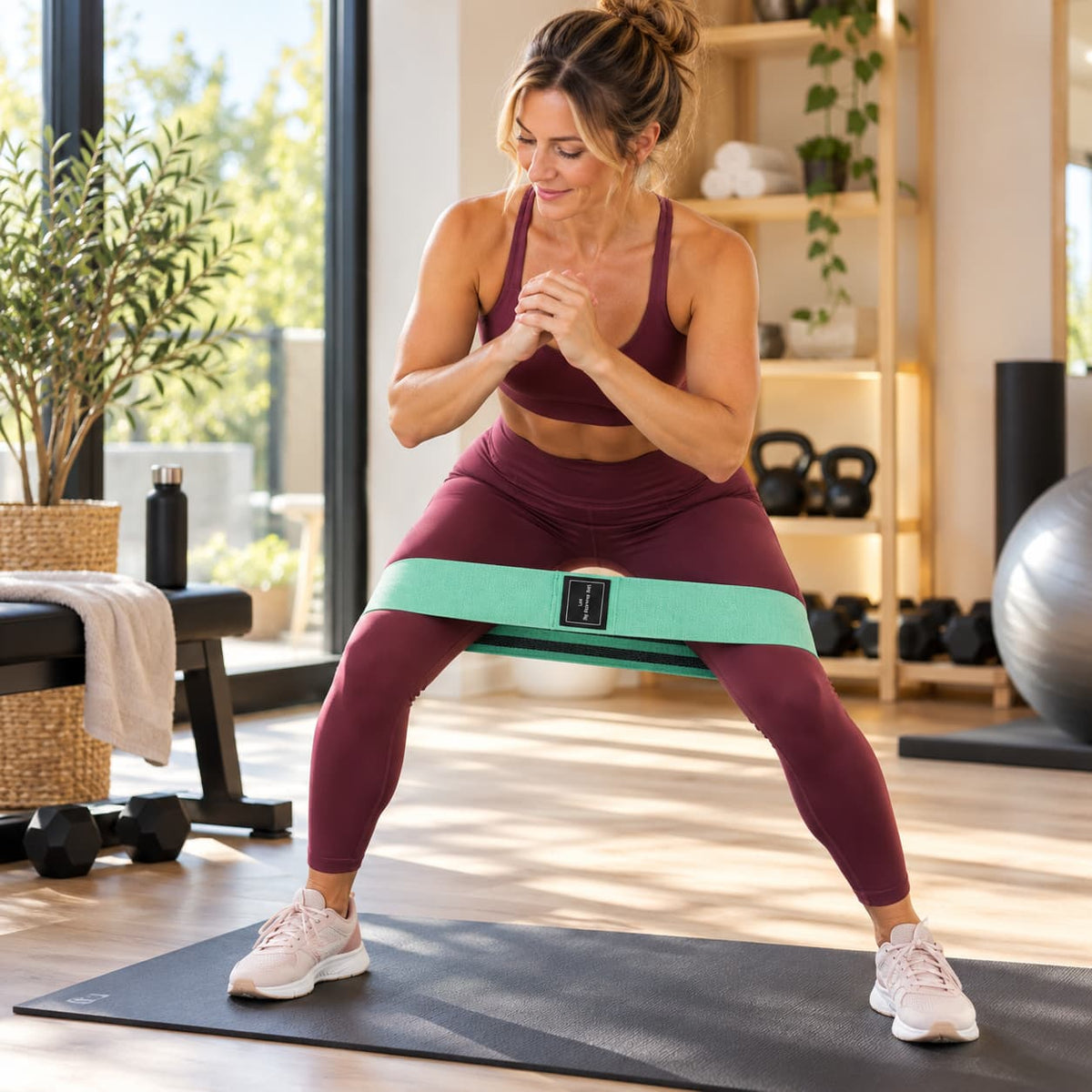 Femme en squat avec elastique musculation vert