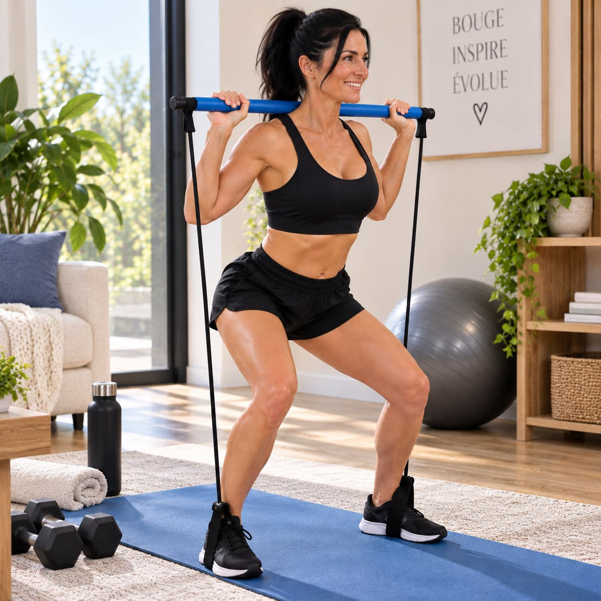 Élastique musculation barre pilara femme debout fait exercice