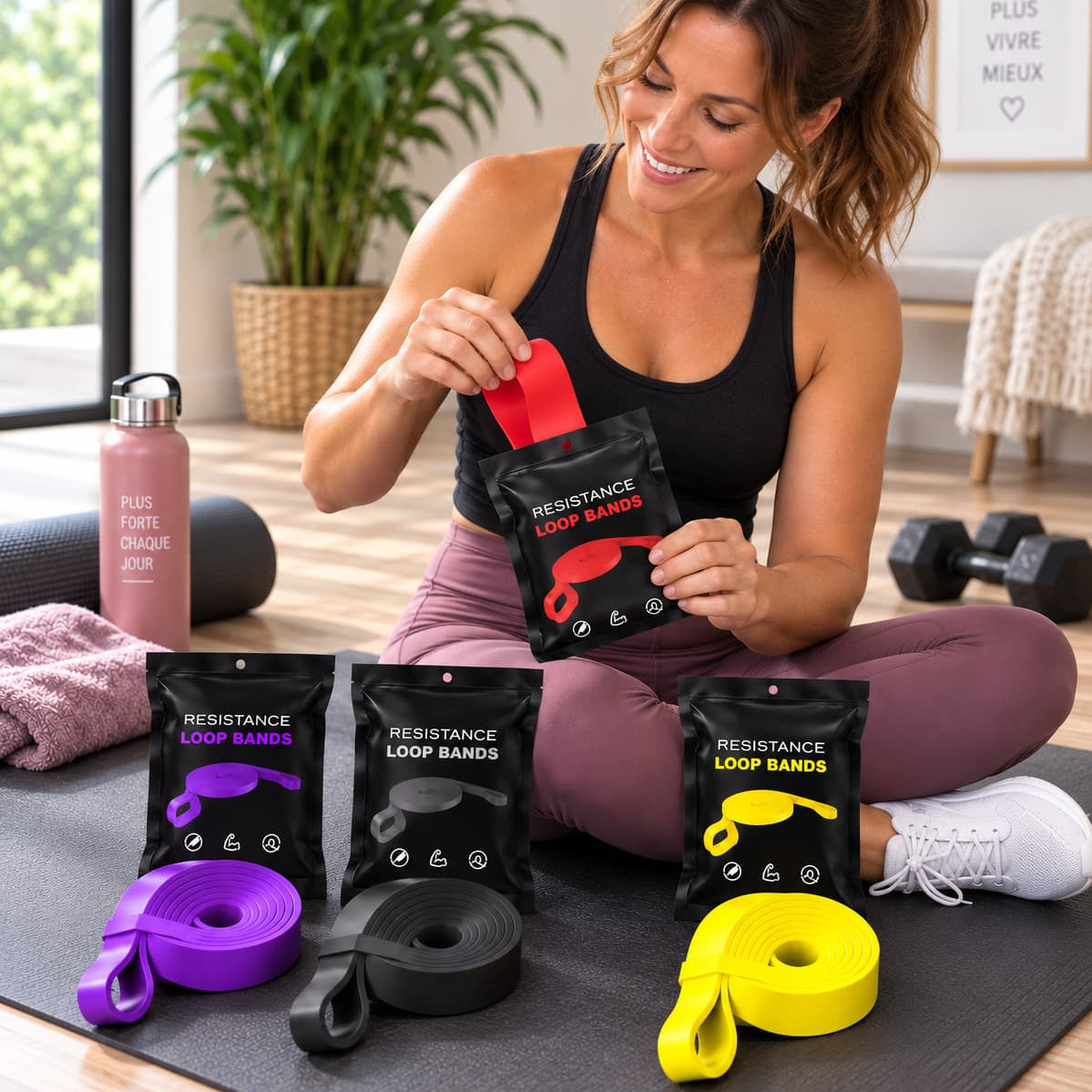 femme decouvre kit audace quatre elastiques musculation