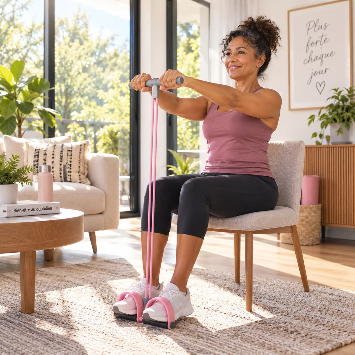Élastique musculation mouvance femme sur chaise