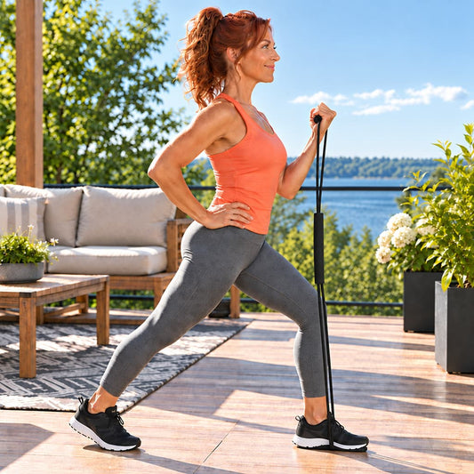 Femme utilisant un élastique sport noir sur une terrasse