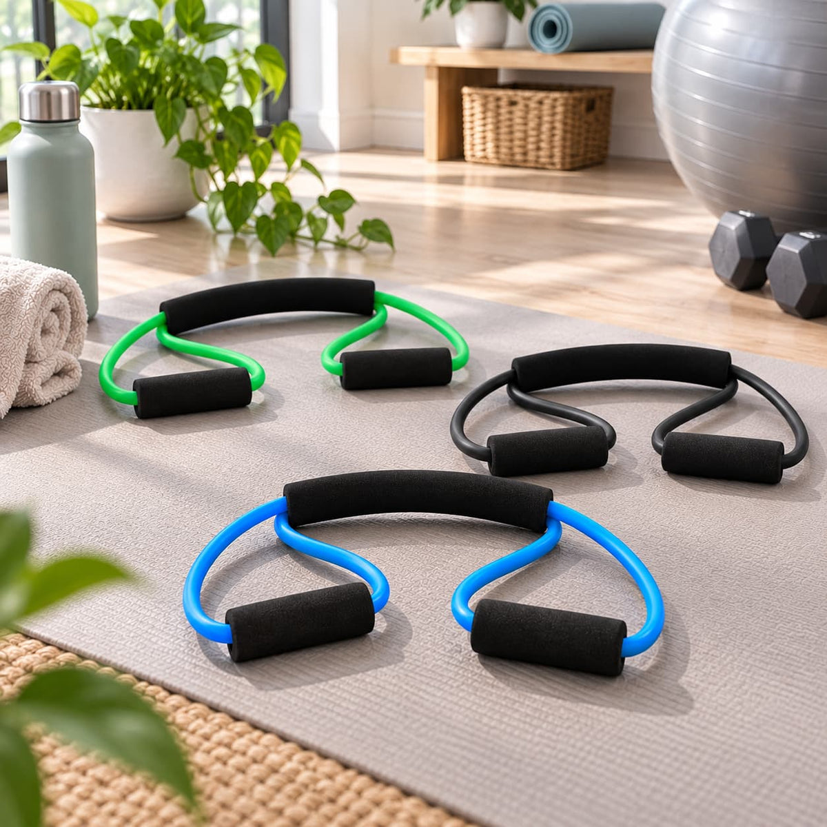 Trois élastiques sport Évoila colorés sur tapis